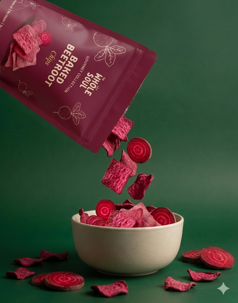 Baked Beetroot Chips pouring into a ceramic bowl